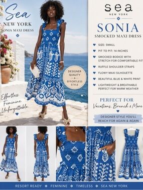 Sea New York Sonia Smocked Maxi Dress Blue White Print Size Small Stretch Summer